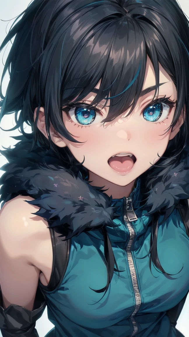 Close-up of a cartoon girl with blue hair and a yellow shirt, 2D Animation, 2D Animation style, 2D Art, 2D Art, 2D from Gorillaz, 2D from Gorillaz, 2D Gorillaz, Screaming Cerket, 2D Sprites, Jinx Face, short hair, Small breasts, hot pants, ((Black Hair, Bright blue fur inside:1.4))