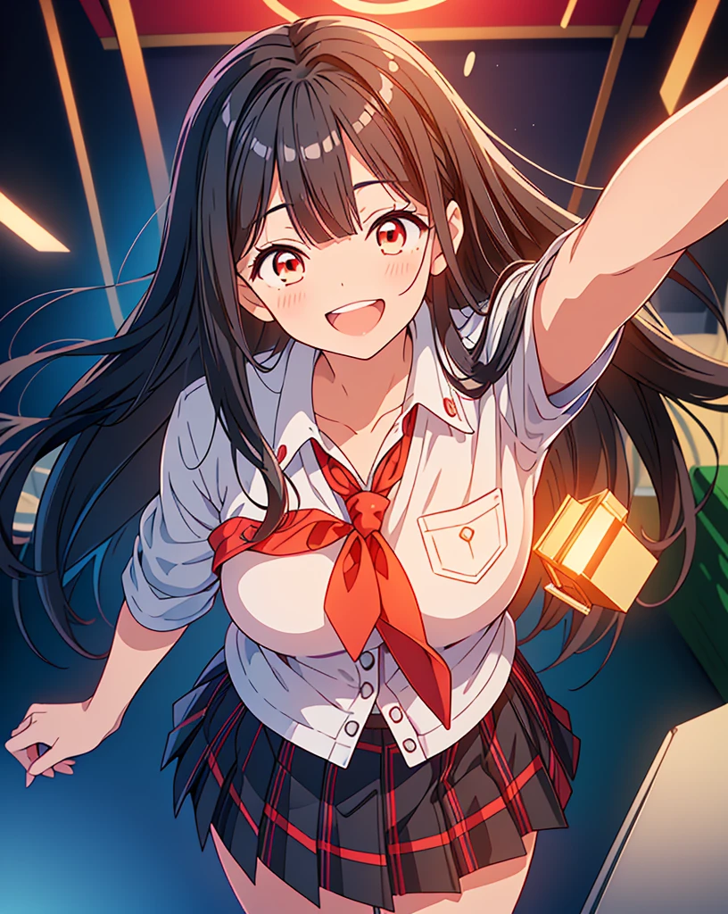 (Highest quality, 32K, High resolution, Masterpiece:1.5), One Girl, Cute anime-style illustrations, god々It has a brilliant and healing power., , Expressing emotions, Have a rich imagination, Cute Japanese Girls, Perfect Human Anatomy, Large gradient color eyes, Motherhood and generosity, Deep Love, ((A happy smile:1.8)), ((Shiny black hair:1.5)), Super Long Straight Silk Hair, Asymmetrical bangs, Hair between the eyes, Transparent, soft white skin, Sharp eyebrows, Thin lashes, Natural Makeup, Detailed and cute lips, (Navy blazer with red tie:1.2), ((Red checked pleated skirt:1.3)), ((live house:1.2)), Slim figure with ample breasts, ((Illuminated by spotlights:1.2)), god秘的