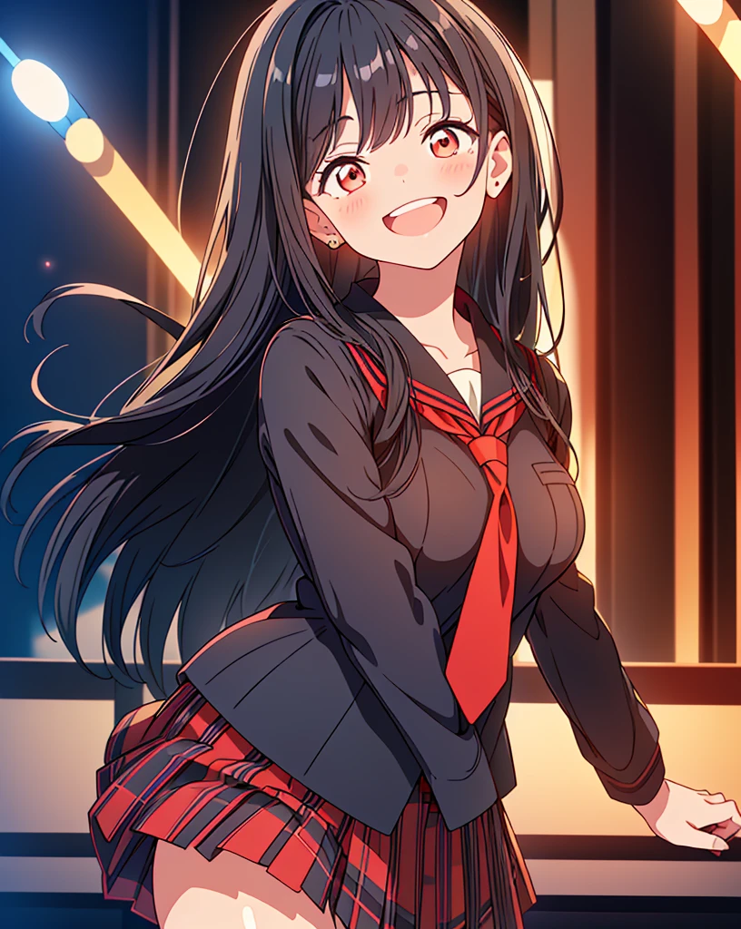 (Highest quality, 32K, High resolution, Masterpiece:1.5), One Girl, Cute anime-style illustrations, god々It has a brilliant and healing power., , Expressing emotions, Have a rich imagination, Cute Japanese Girls, Perfect Human Anatomy, Large gradient color eyes, Motherhood and generosity, Deep Love, ((A happy smile:1.8)), ((Shiny black hair:1.5)), Super Long Straight Silk Hair, Asymmetrical bangs, Hair between the eyes, Transparent, soft white skin, Sharp eyebrows, Thin lashes, Natural Makeup, Detailed and cute lips, (Navy blazer with red tie:1.2), ((Red checked pleated skirt:1.3)), ((live house:1.2)), Slim figure with ample breasts, ((Illuminated by spotlights:1.2)), god秘的