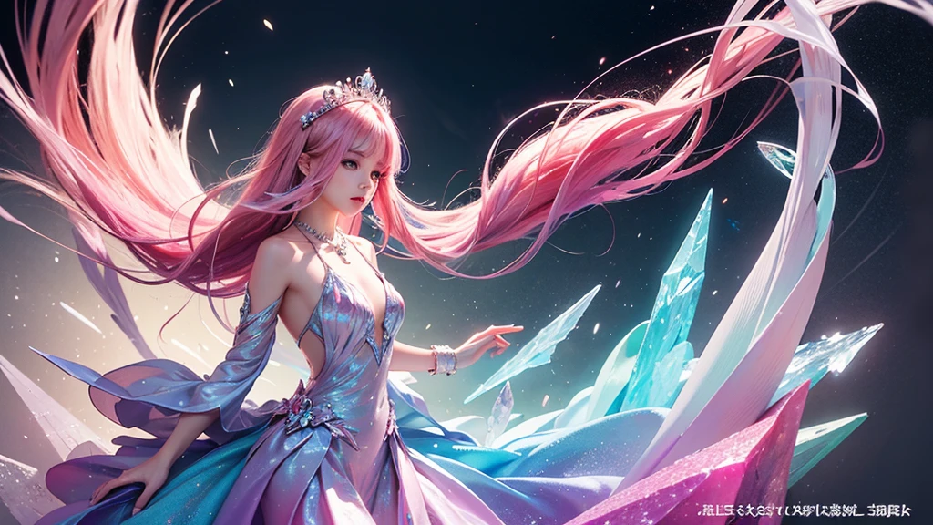 Highest quality,masterpiece,16K,One girl, bangs, Exposing shoulders, chest, Crown, crystallization, dress, From the side, gem,Colorful crystallizations,Crystal Headwear,There are many crystallizations on the clothes,Colorful Gradient Hair,カラフルなdress,Colorful crystals floating,Body crystals,Crystal Necklace,Colorful crystallization decoration,crystalline girl, Gradient Hair, jewelry, Long Hair, compensate, medium chest, Multicolored Hair, Pink Hair, alone, tiara