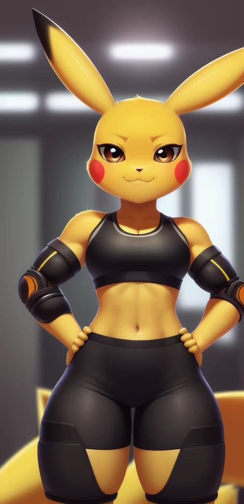 Pikachu, (((masterpiece))), ((high resolution)), ((detailed portrait)), ((looking at viewer)), long yellow pointed ears, (yellow pikachu ears with black tips), brown clear eyes, yellow body, athletic female body (six pack), yellow thunderbolt tail with black heart-shaped tip, (female pikachu tail), large , strong stance, black sports bra, orange skintight shorts, black wristbands, knee pads, hands on hips, smug grin (mouth closed), seductive gaze, :3, head tilt, black triangle nose, ((simple detailed background)),