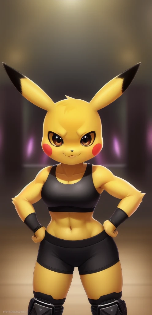 Pikachu, (((masterpiece))), ((high resolution)), ((detailed portrait)), ((looking at viewer)), long yellow pointed ears, (yellow pikachu ears with black tips), brown clear eyes, yellow body, athletic female body (six pack), yellow thunderbolt tail with black heart-shaped tip, (female pikachu tail), large , strong stance, black sports bra, orange skintight shorts, black wristbands, knee pads, hands on hips, smug grin (mouth closed), seductive gaze, :3, head tilt, black triangle nose, ((simple detailed background)),