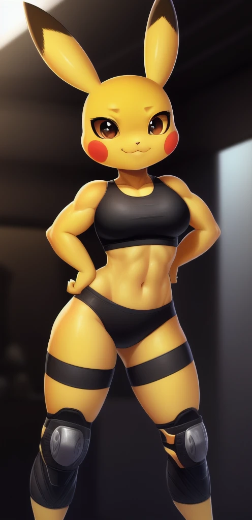 Pikachu, (((masterpiece))), ((high resolution)), ((detailed portrait)), ((looking at viewer)), long yellow pointed ears, (yellow pikachu ears with black tips), brown clear eyes, yellow body, athletic female body (six pack), yellow thunderbolt tail with black heart-shaped tip, (female pikachu tail), large , strong stance, black sports bra, orange skintight shorts, black wristbands, knee pads, hands on hips, smug grin (mouth closed), seductive gaze, :3, head tilt, black triangle nose, ((simple detailed background)),