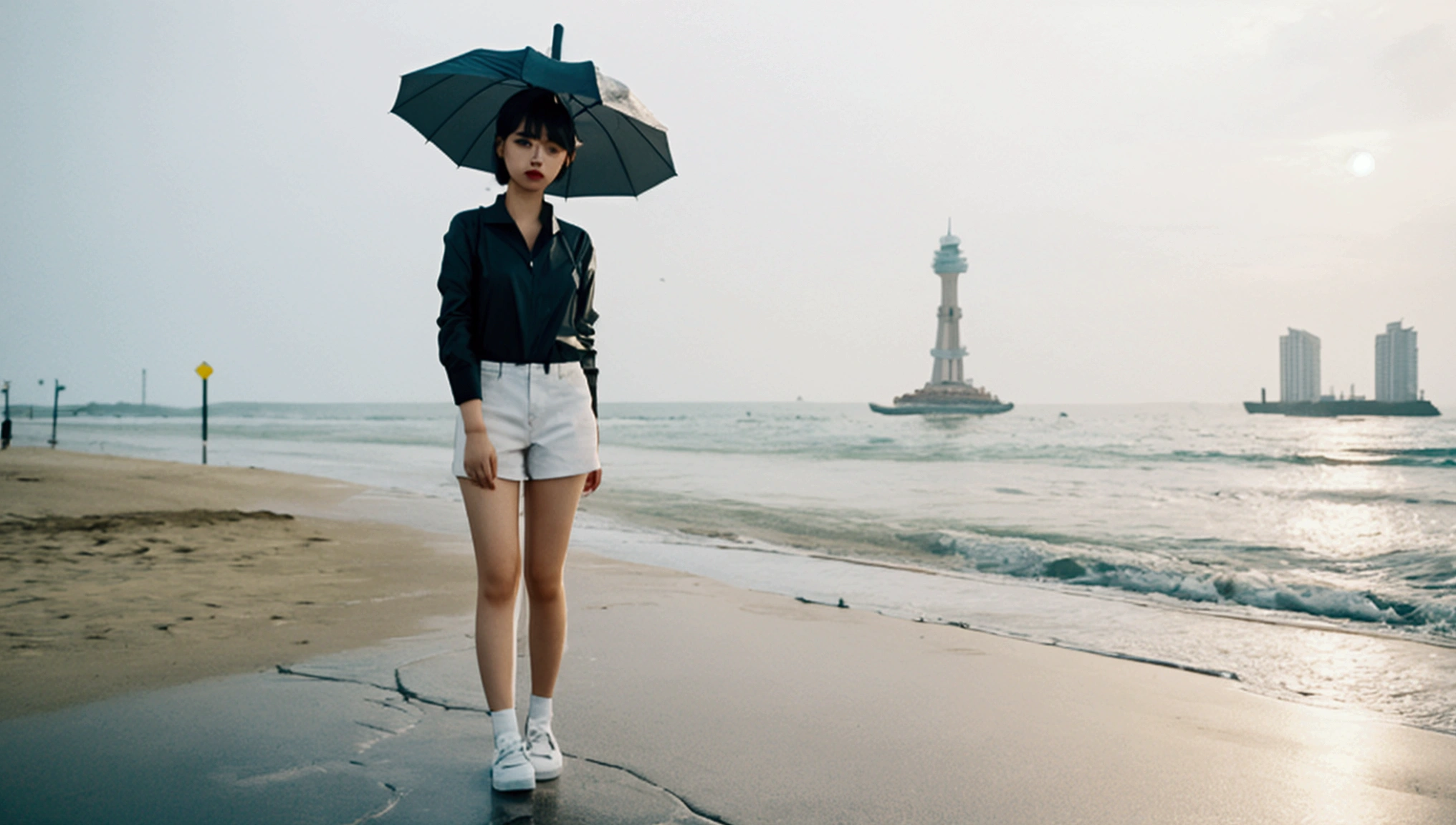 8k, Vivid picture quality, Vivid picture quality, long deserted beach, Full body shot from a distance with a wide angle lens, Short hair, beautiful appearance, Model-like body, Short and slim Korean woman, sunset의 붉은 빛, sunset, alone, afternoon, depressed, tide가 밀려온다, rain, medium size black umbrella, ocean, tide, wind, Clear picture quality, tower, White shorts, Wearing a black umbrella and looking at the camera, Short hair