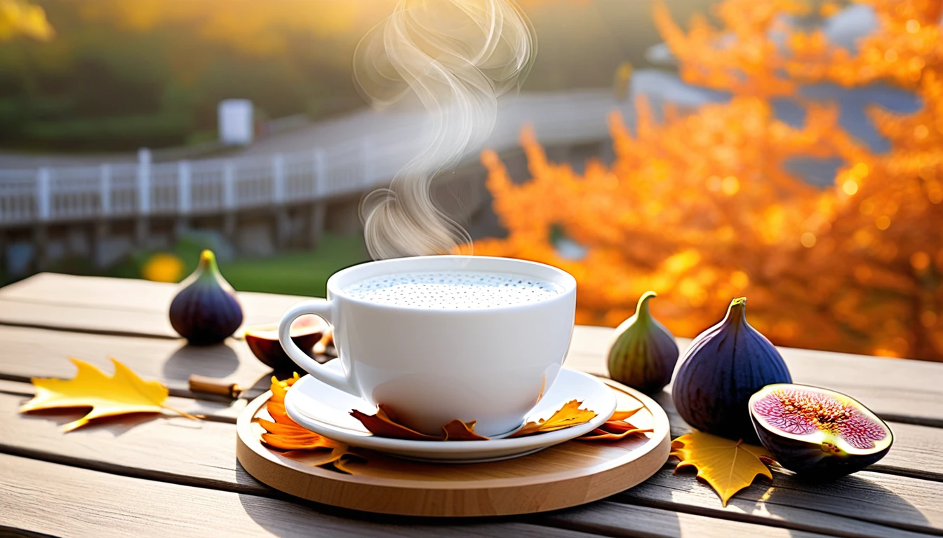 Create an image of a cozy autumn atmosphere by featuring a steaming white cup on a wooden coaster. The cup is adorned with a design of fallen leaves that matches the orange leaves scattered around it. Ripe and cut figs lie nearby, and the scene is illuminated by the warm light of the morning sun, which hints at a peaceful morning atmosphere. This atmosphere is enhanced by the potted plants that add to the serene atmosphere. and the beautiful natural scenery in the background.