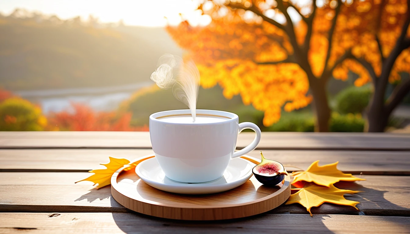 Create an image of a cozy autumn atmosphere by featuring a steaming white cup on a wooden coaster. The cup is adorned with a design of fallen leaves that matches the orange leaves scattered around it. Ripe and cut figs lie nearby, and the scene is illuminated by the warm light of the morning sun, which hints at a peaceful morning atmosphere. This atmosphere is enhanced by the potted plants that add to the serene atmosphere. and the beautiful natural scenery in the background.