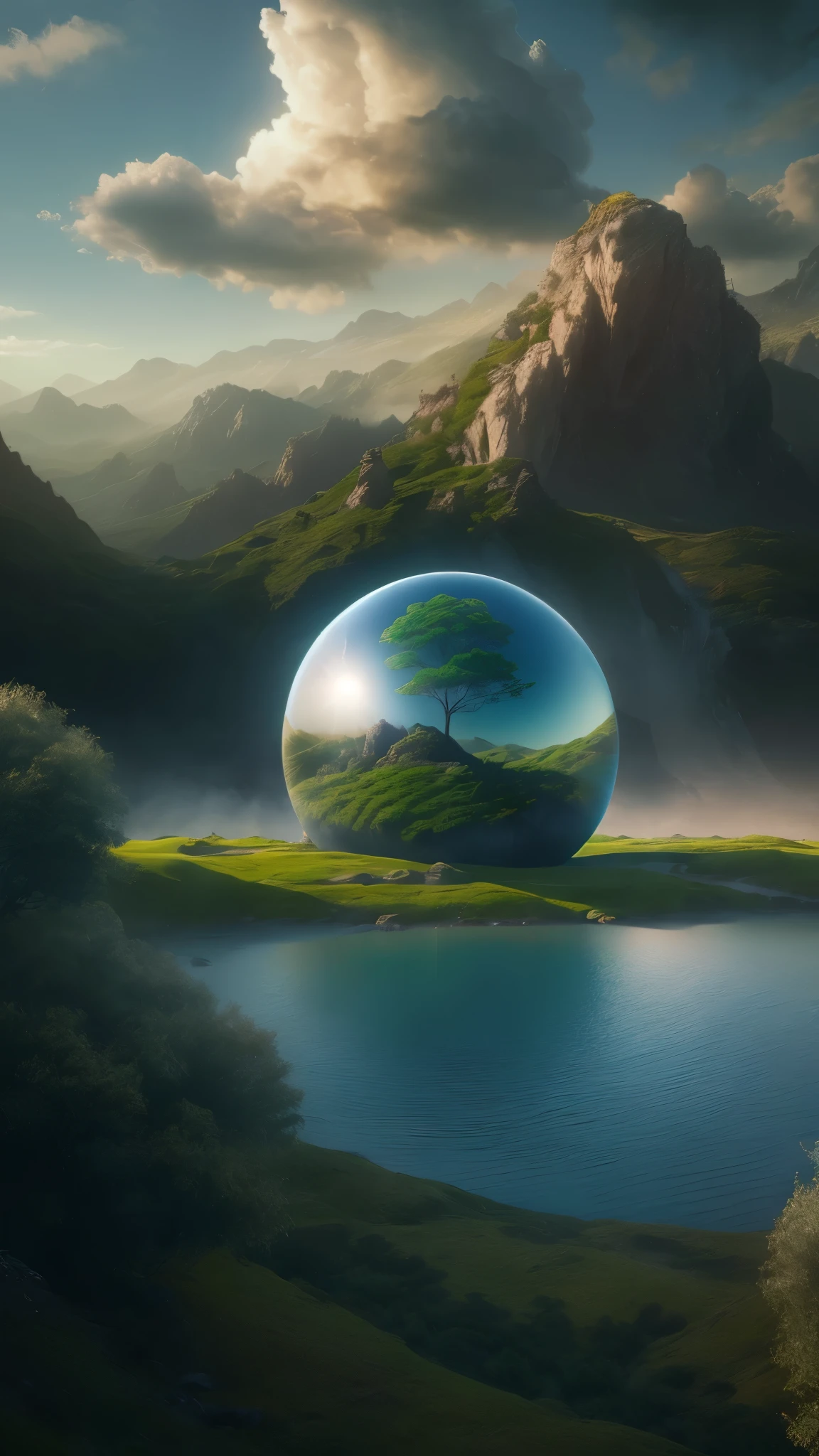 a giant magnificent sphere floating in the mountains, (best quality,4k,8k,highres,masterpiece:1.2),ultra-detailed,(realistic,photorealistic,photo-realistic:1.37),HDR,UHD,studio lighting,ultra-fine painting,sharp focus,physically-based rendering,extreme detail description,professional,vivid colors,bokeh,landscape,cinematic,dramatic lighting,volumetric clouds,glowing,highly saturated,lush greenery,dramatic shadows,intricate details,epic proportions