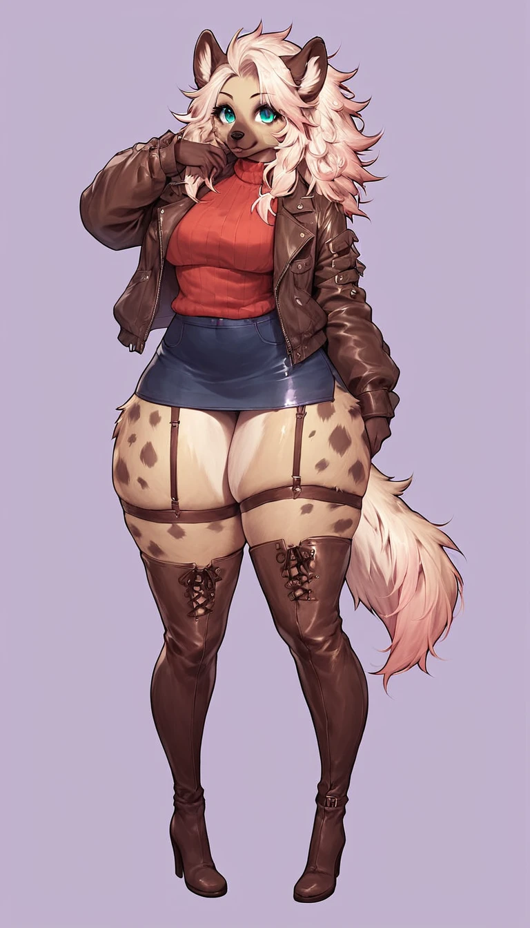 score_9, score_8_up, score_7_up, score_6_up, score_5_up, score_4_up, (solo), female anthro hyena, wearing cute fall clothes, jacket, sweater, short pencil skirt, garter belt thigh boots , lusty, fluffy body, long blond hair, turquoise eyes, (thick thighs:1.5) she is standing , violet background, simple background, high heels