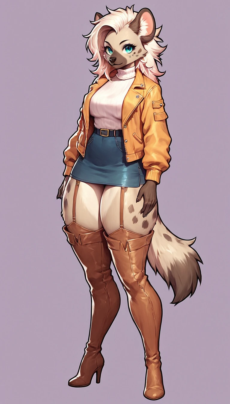 score_9, score_8_up, score_7_up, score_6_up, score_5_up, score_4_up, (solo), female anthro hyena, wearing cute fall clothes, jacket, sweater, short pencil skirt, garter belt thigh boots , lusty, fluffy body, long blond hair, turquoise eyes, (thick thighs:1.5) she is standing , violet background, simple background, high heels