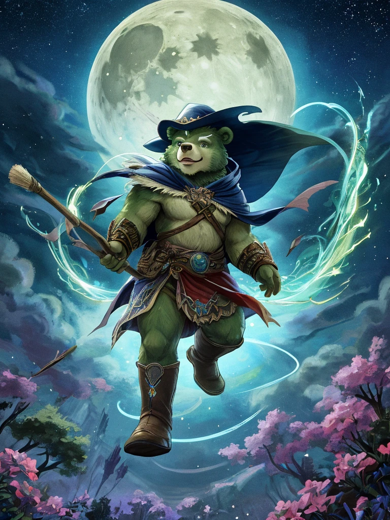 anthro, kemono, male, solo,  (((green bear))), (((green fur))), green hair, beard, white eyebrows, masterpiece, best quality, ultra-detailed, illustration, solo, fantasy, flying, broom, night sky, outdoors, magic, spells, moon, stars, clouds, wind, hair, cape, hat, boots, broomstick, glowing, mysterious, enchanting, whimsical, playful, adventurous, , wonder, imagination, determination, skill, speed, movement, energy, realism, naturalistic, figurative, representational, beauty, fantasy culture, mythology, fairy tales, folklore, legends, witches, wizards, magical creatures, fantasy worlds, composition, scale, foreground, middle ground, background, perspective, light, color, texture, detail, beauty, wonder.