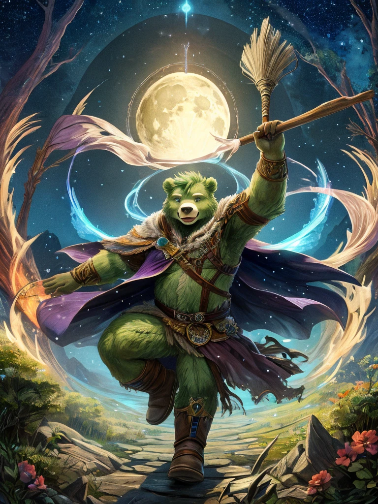 anthro, kemono, male, solo, (((green bear))), (((green fur))), green hair, beard, white eyebrows, masterpiece, best quality, ultra-detailed, illustration, solo, fantasy, flying, broom, night sky, outdoors, magic, spells, moon, stars, clouds, wind, hair, cape, hat, boots, broomstick, glowing, mysterious, enchanting, whimsical, playful, adventurous, , wonder, imagination, determination, skill, speed, movement, energy, realism, naturalistic, figurative, representational, beauty, fantasy culture, mythology, fairy tales, folklore, legends, witches, wizards, magical creatures, fantasy worlds, composition, scale, foreground, middle ground, background, perspective, light, color, texture, detail, beauty, wonder.