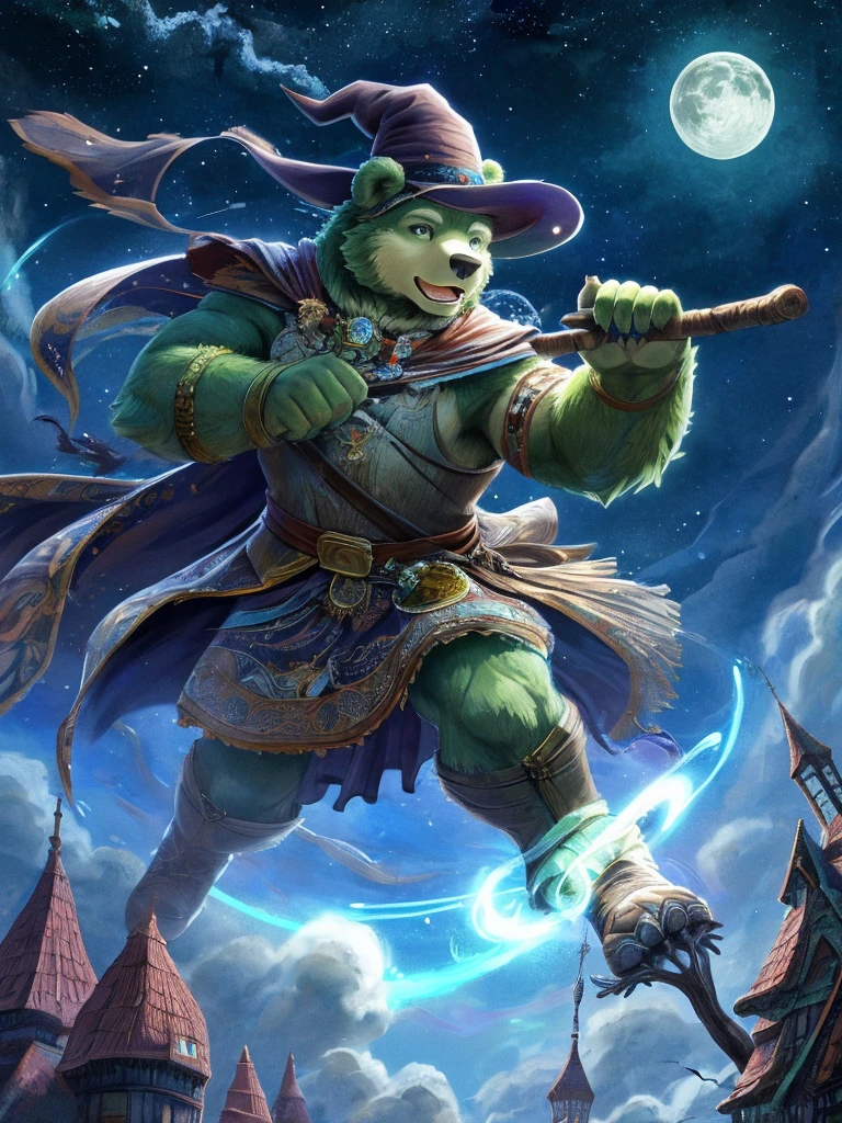 anthro, kemono, male, solo, (((green bear))), (((green fur))), green hair, beard, white eyebrows, masterpiece, best quality, ultra-detailed, illustration, solo, fantasy, flying, broom, night sky, outdoors, magic, spells, moon, stars, clouds, wind, hair, cape, hat, boots, broomstick, glowing, mysterious, enchanting, whimsical, playful, adventurous, , wonder, imagination, determination, skill, speed, movement, energy, realism, naturalistic, figurative, representational, beauty, fantasy culture, mythology, fairy tales, folklore, legends, witches, wizards, magical creatures, fantasy worlds, composition, scale, foreground, middle ground, background, perspective, light, color, texture, detail, beauty, wonder.