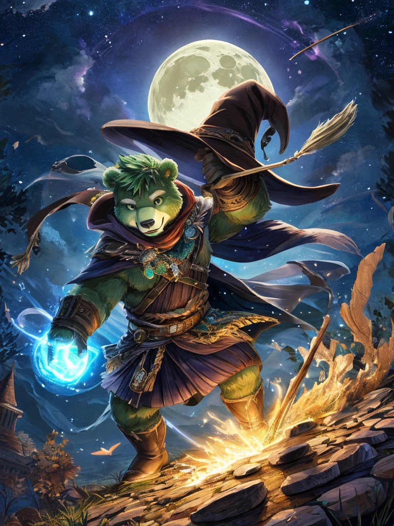 anthro, kemono, male, solo, (((green bear))), (((green fur))), green hair, beard, white eyebrows, masterpiece, best quality, ultra-detailed, illustration, solo, fantasy, flying, broom, night sky, outdoors, magic, spells, moon, stars, clouds, wind, hair, cape, hat, boots, broomstick, glowing, mysterious, enchanting, whimsical, playful, adventurous, , wonder, imagination, determination, skill, speed, movement, energy, realism, naturalistic, figurative, representational, beauty, fantasy culture, mythology, fairy tales, folklore, legends, witches, wizards, magical creatures, fantasy worlds, composition, scale, foreground, middle ground, background, perspective, light, color, texture, detail, beauty, wonder.