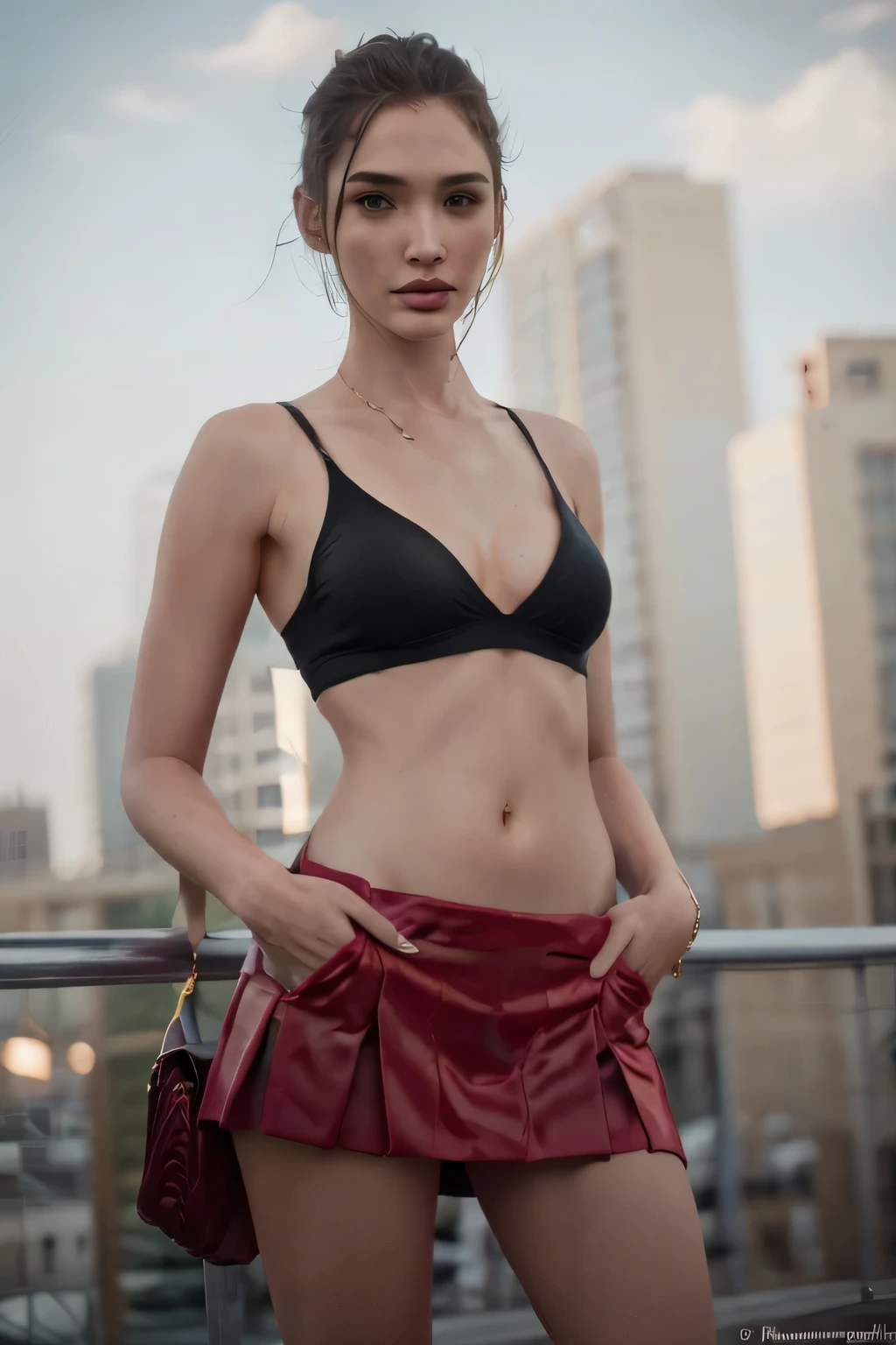 high resolution photo, sexy, sluty, lovely, desirable,provocative rosie huntington-whiteley in argyle designs top, red pleated miniskirt ,jewelry, in the city, sunny summerday This photo was taken in the style of photographer Patrick Demarchelier using a Canon EOS-5D Mark III camera. hyperdetailed, cinematic lighting, f/16, award winning, masterpiece