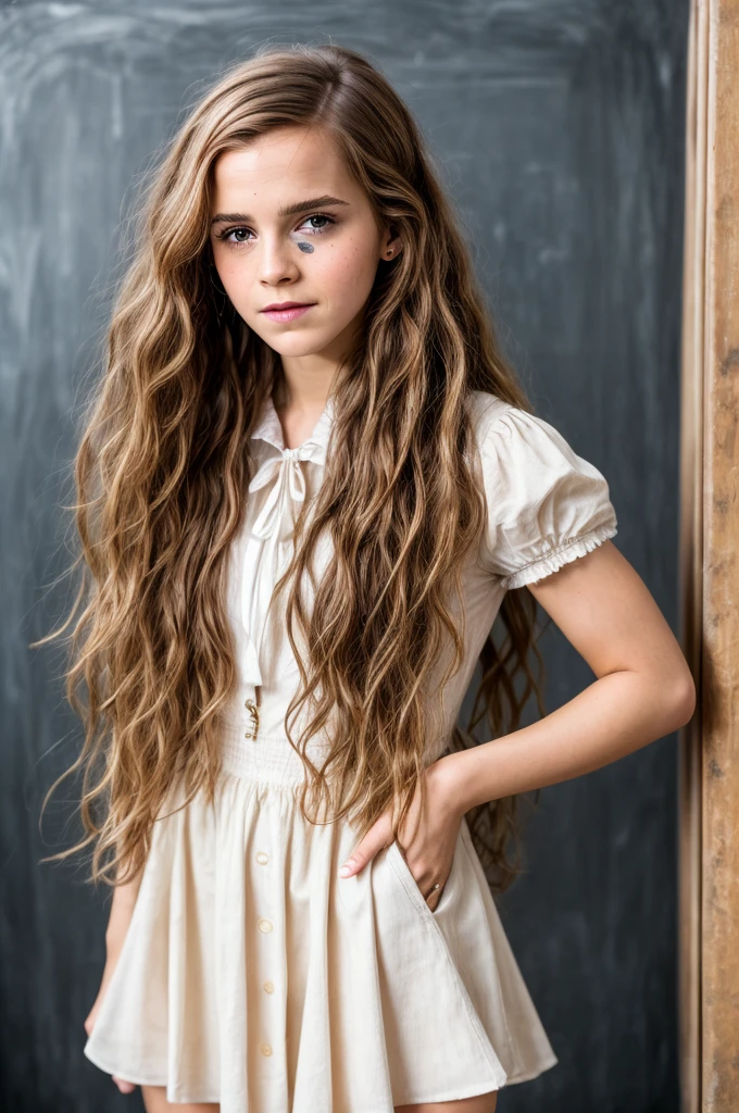RAW photo, a portrait photo of (dld_hergra:0.9), (hermione granger:0.7), Emma Watson, long hair, standing in Charms Classroom , natural skin, 8k uhd, high quality, film grain, Fujifilm XT3