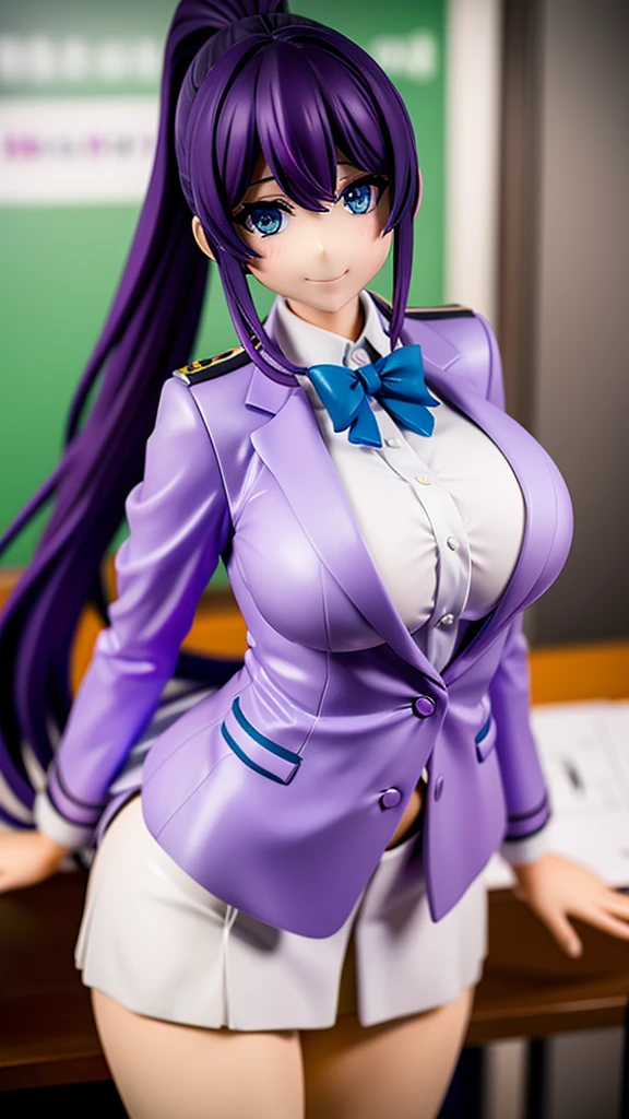Blazer-type uniform,Big Breasts,Purple Hair,ponytail,Blue Eyes,classroom,smile