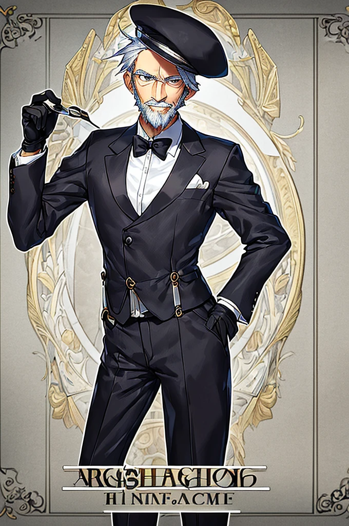 masterpiece, best quality, elderly man, skinny, very skinny, very short gray hair, unshaven beard, circular glasses, black hat, black gloves, white shirt with black suspenders, beige jacket, friendly smile, poker card on his hand, letter close to his face, looking ahead. poker's card, malicious look.
