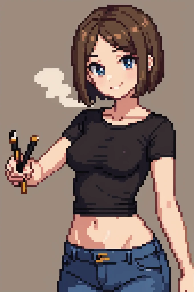 masterpiece,Small breasts,beauty,.Brown Hair,Very Short Hair,Black T-shirt,Holding a cigarette,Smiling,jeans