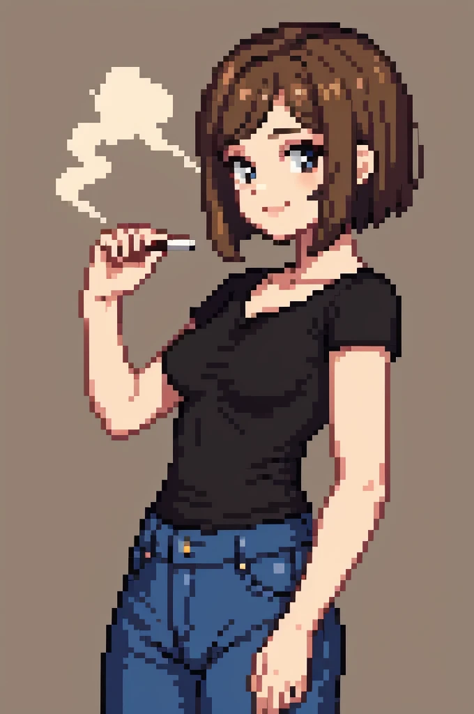 masterpiece,Small breasts,beauty,.Brown Hair,Very Short Hair,Black T-shirt,Holding a cigarette,Smiling,jeans