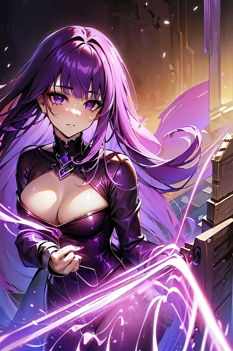 ((masterpiece))、(top-quality)、(detailed, 27 years old)、(1girl) (purple haired. provocative and revealing devil cat suit outfit, ...