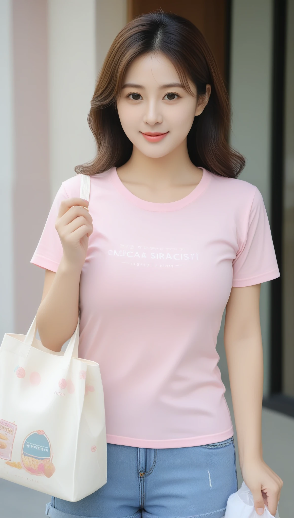 beautiful beautiful korean female, 34 inch breasts size, wearing pink pattern t-shirt, holding snack bag, from outside, masterpiece