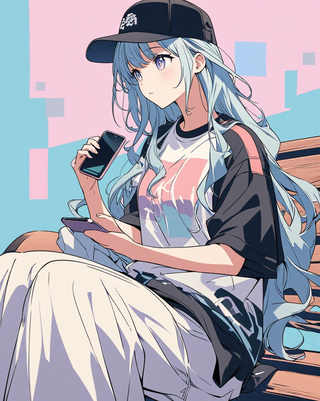 Create a detailed anime illustration of a girl with long, flowing hair and a casual streetwear outfit, including a baseball cap, baggy pants, and a graphic t-shirt. She is seated on a bench, holding a mobile phone can, with a serene expression. Use a two-tone pastel background to highlight the modern and minimalist setting