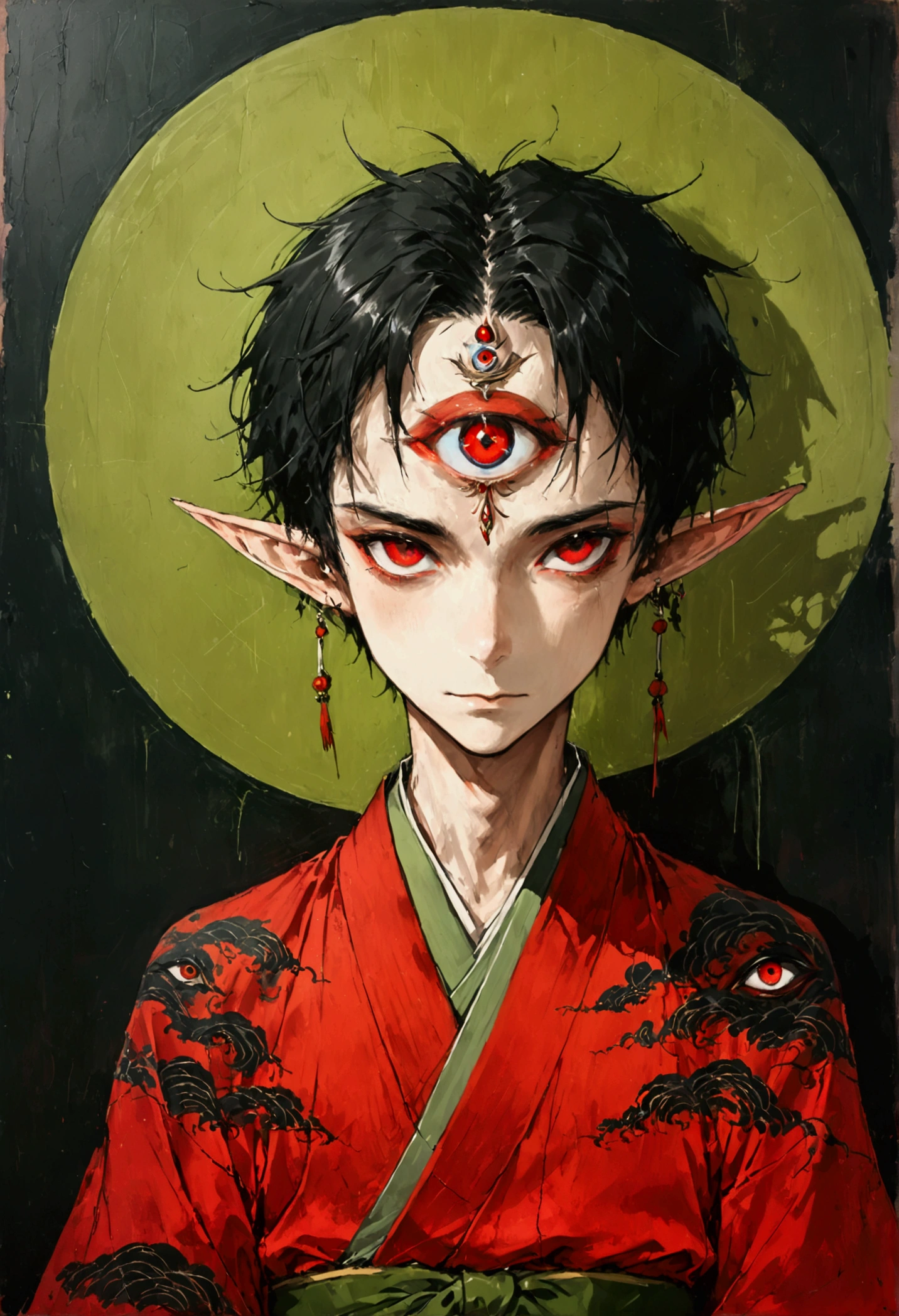 Art Illustration，Dark Style，(((1 Boy，独奏，third eye on the forehead，Elf ears))),(((Gorgeous Japanese red kimono：1.6，Eye Diagram，Dark Pattern))).(((Thin waist，Greenbelt：1.37)))