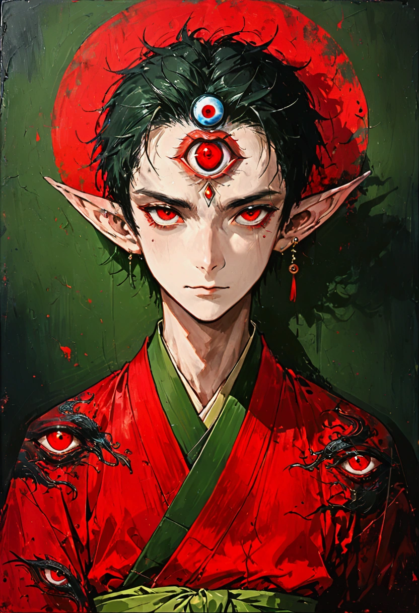 Art Illustration,Dark Style,(((1 Boy,独奏,third eye on the forehead,Elf ears))),(((Gorgeous Japanese red kimono:1.6,Eye Diagram,Dark Pattern))).(((Thin waist,Greenbelt:1.37)))