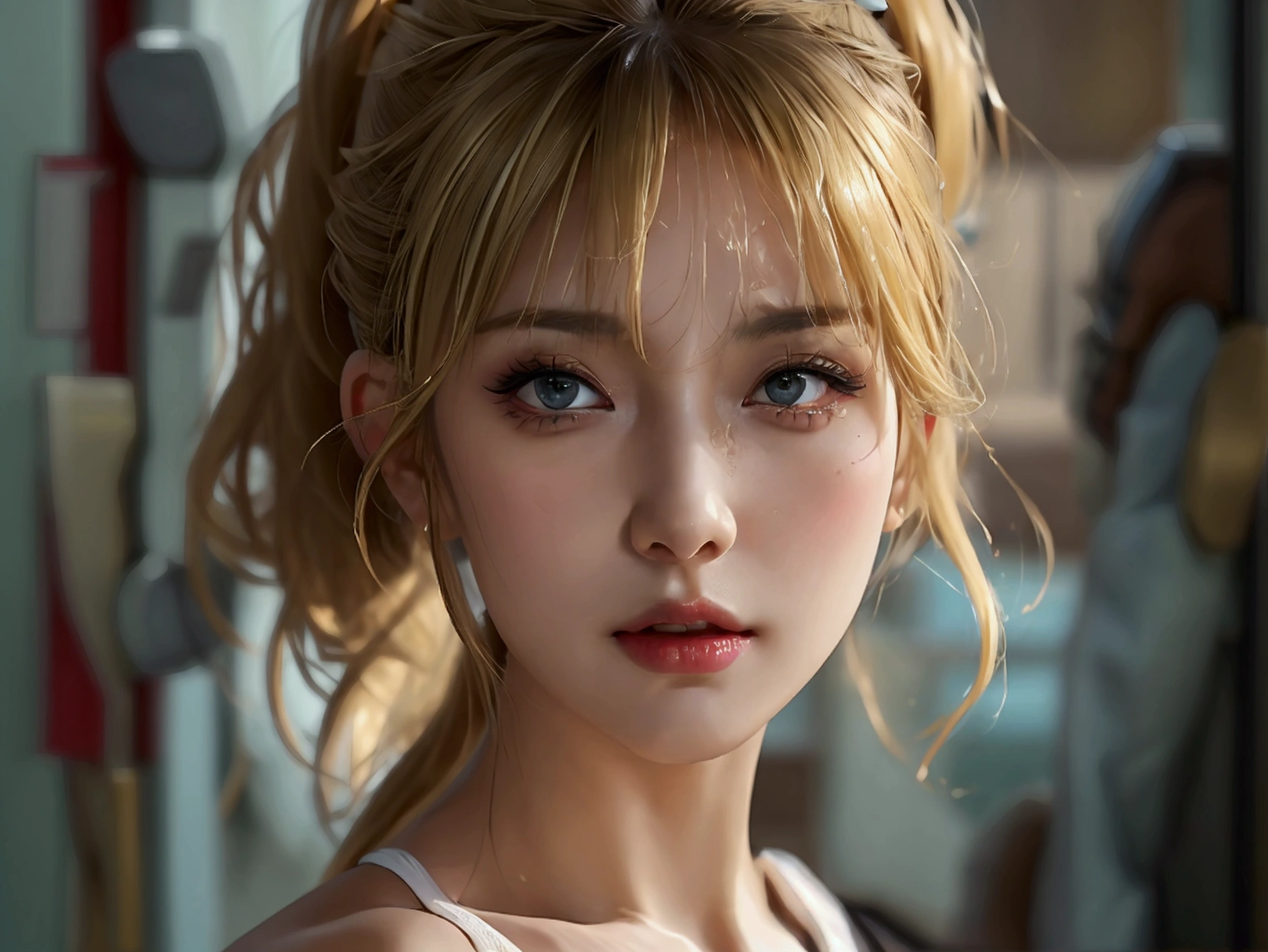 Real,Prostitute,Porn actress,Heavy makeup,Bold Pose,Realistic, Highest quality, masterpiece, Age 35, Detailed Hair, Detailed skin,Blonde Hair, ponytail,Has large breasts,Nipples are erect,With legs apart
