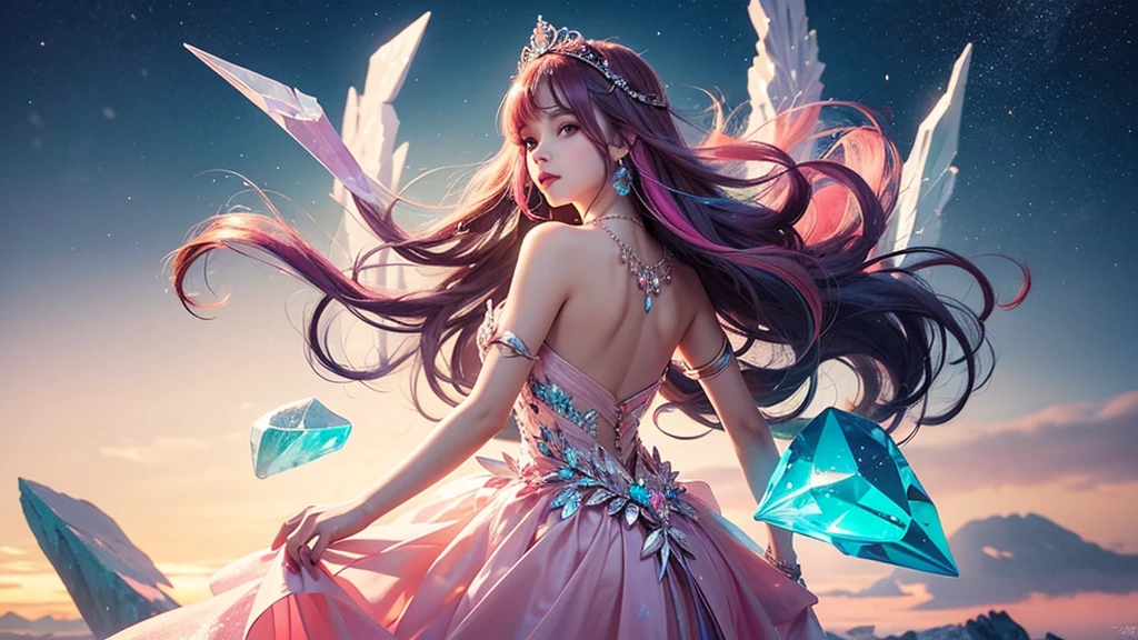Highest quality,masterpiece,16K,One girl, bangs, Exposing shoulders, chest, Crown, crystallization, dress, From the side, gem,Colorful crystallizations,Crystal Headwear,There are many crystallizations on the clothes,Colorful Gradient Hair,カラフルなdress,Colorful crystals floating,Body crystals,Crystal Necklace,Colorful crystallization decoration,crystalline girl, Gradient Hair, jewelry, Long Hair, compensate, medium chest, Multicolored Hair, Pink Hair, alone, tiara