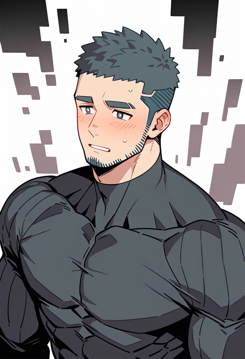 anime characters:Gyee Priapus, Muscle Sports Student, Buzz Cut, Manliness, male focus, Compression bodysuit, Yellow and black striped high collar long sleeve tight T-shirt, Very tight, Regular symmetrical pattern, full and perky chest muscles, muscular male, muscular, only, Upper body, alone, Red short hair, Thick eyebrows, stubble, Brown-red pupils, White background, simple background, amazing quality, best aesthetics, Ridiculous, crew cut, parted lips, flustered, endured face, shy, blush, negative space, best quality