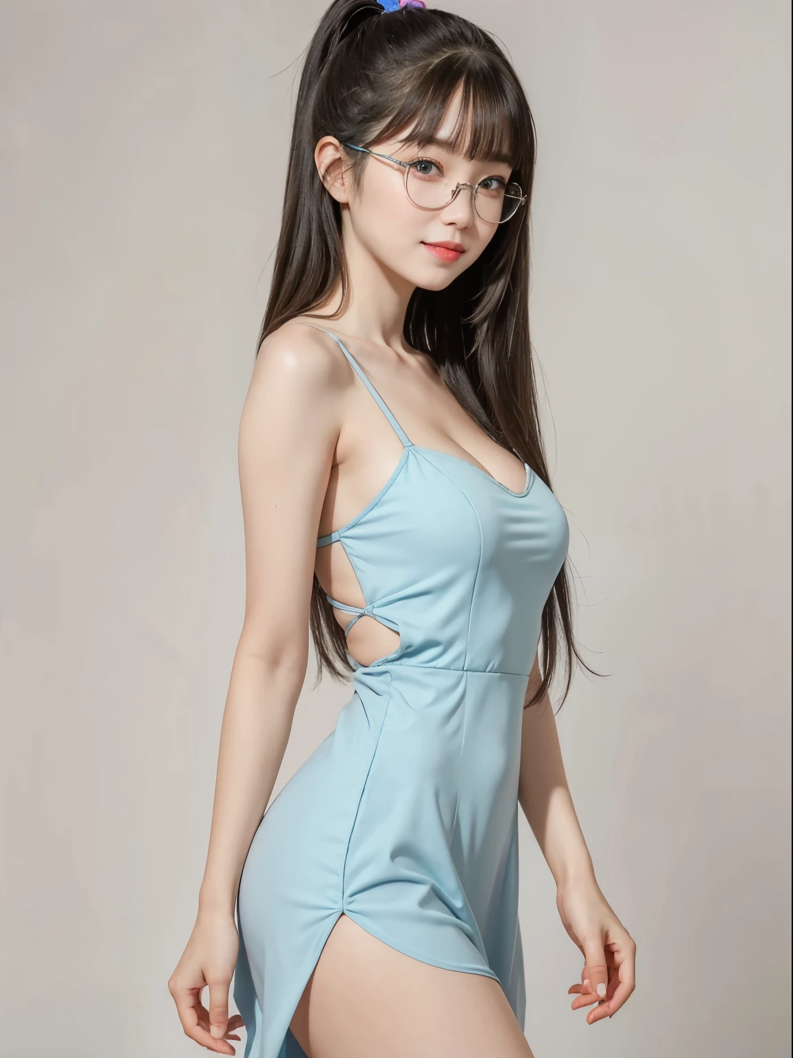 (Best quality, masterpiece, detailed), (RAW, 4k, hd images), shy, 1 girl, , white skin, long hair, ponytail, layers hair, bangs, black hair, beautiful girl, cute girl, sweet girl, pretty girl, perfect girl, pretty eyes, blue eyes, thin lips, thin, eye line, perfect round breast, glasses(detailed frame), simple background, smile, thigh, legs, long dress, side angle capture, full body, standing, side breast