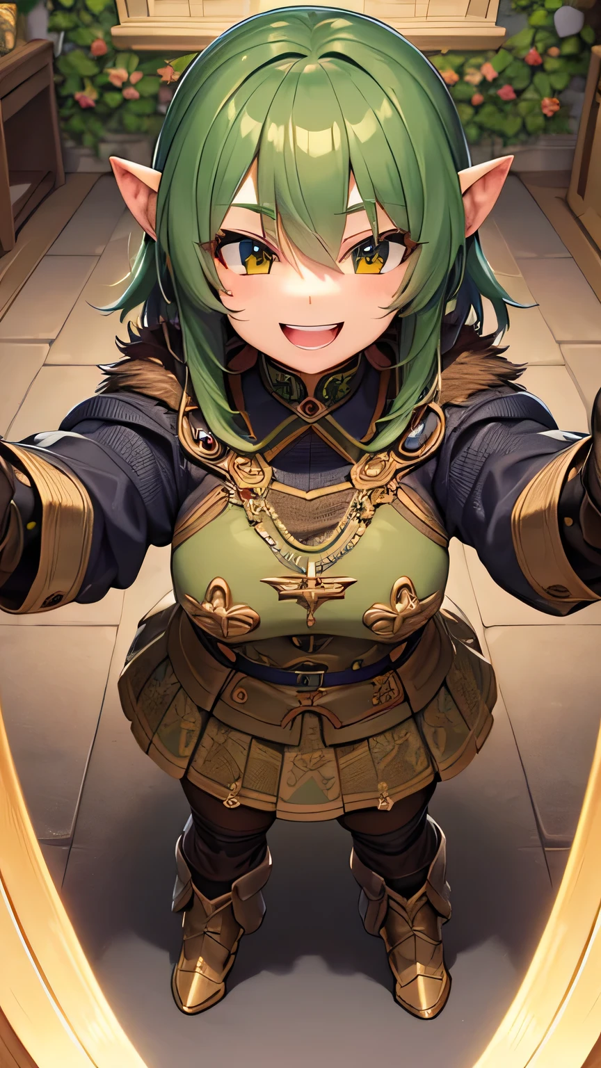 masterpiece, best quality, ultra detailed, hyper detailed, high quality, goblin,insanely detailed, smiling, standing, military uniform