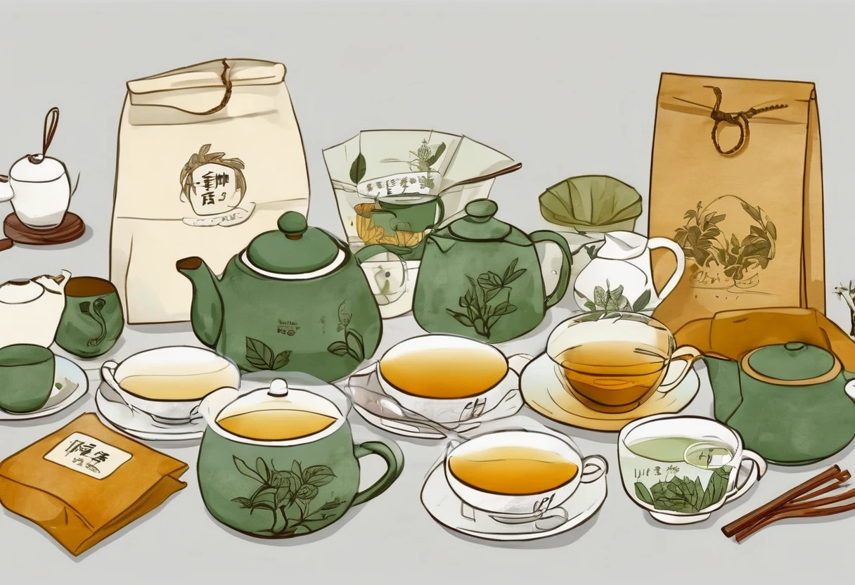 A set of tea sets for casual relaxation with illustrations,calligraphic fonts with green tones,coffee bags,paper bags,prints and accessories,with the theme of the harvest world,clean light gray background,(niji:2),hand-drawn,illustration style