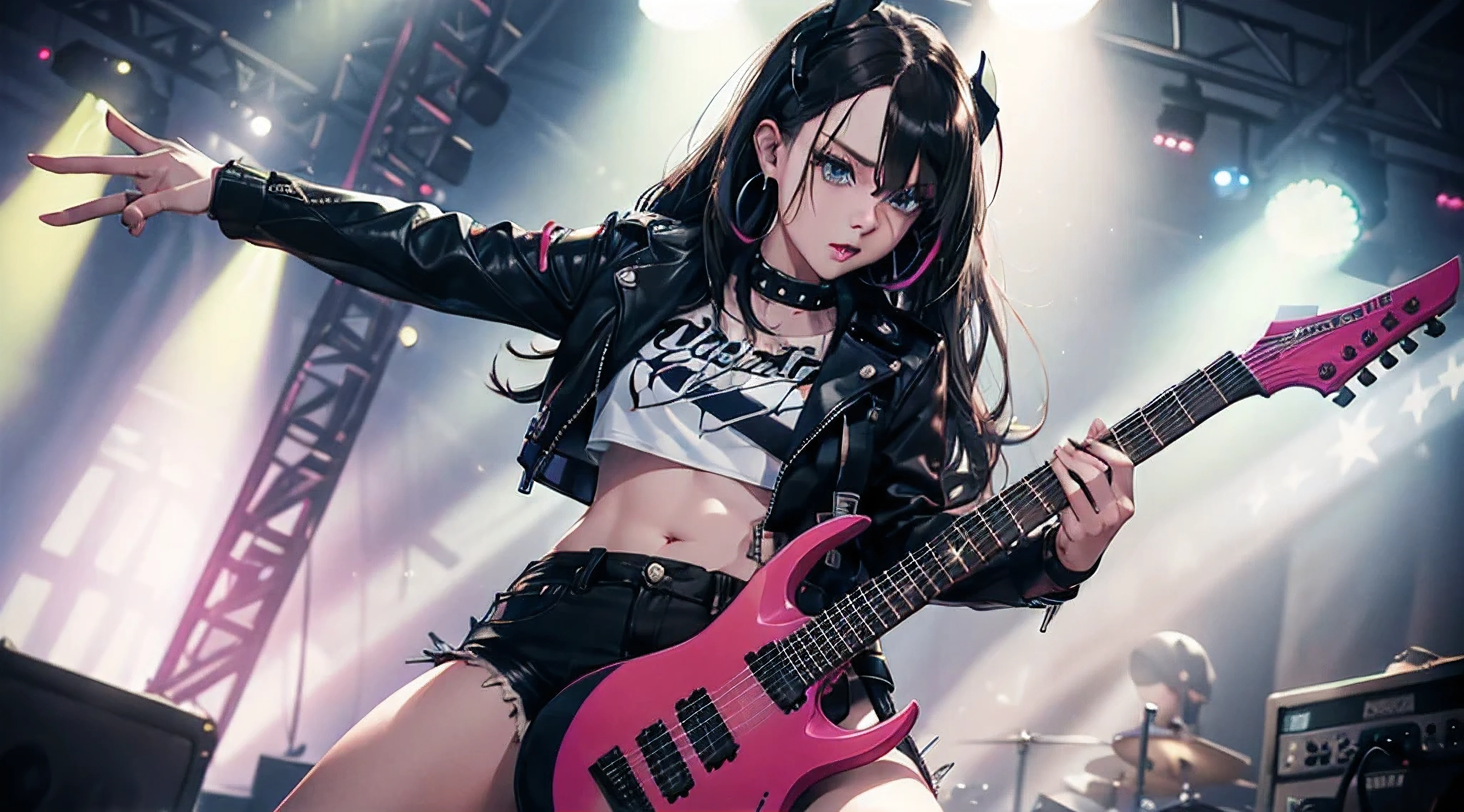realistic:1.2, Rocker girl wearing a leather jacket,slim body shape、Normal bust size、 highly realistic photograph, full body shot, 1two electric guitars, clothes with spikes,white tank top、Navel exposed、low rise leather shorts,tattoo,earrings dark lipstick, blue eyes,pink twintail hair,black ribbon, beautiful and perfect legs, confident look, punk style ,dynamic pose, dynamic lighting, brightly colored stage,colorful stage lights,