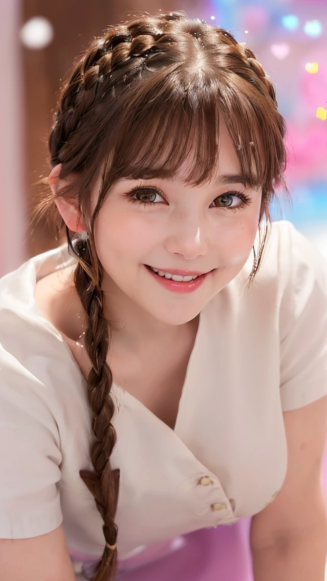 (Brown Hair:1.4),(Brown eyes:1.4),((Braided Short Hair:1.3)),((With bangs)),((Valentine:1.4)),(blush),((Open mouth and smiling sweetly:1.2)),((pop, A colorful and cute world:1.3)),(soft taste:1.6),((fashion//Snow White Nurse Costume、Glossy feel:1.25)),(Cute pose:1.3),(i like you very much♡:1.6),((Hunchback:1.3)),((tits:1.1)),(Face close-up:1.2)、Wiping the body in nursing care