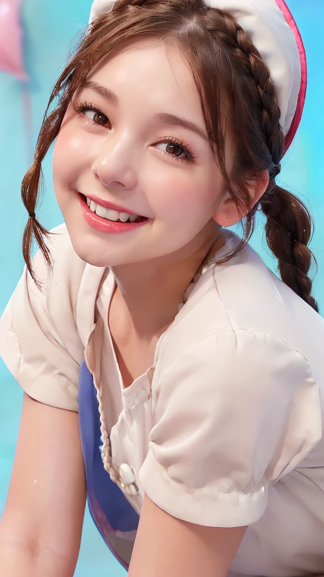 (Brown Hair:1.4),(Brown eyes:1.4),((Braided Short Hair:1.3)),((With bangs)),((Valentine:1.4)),(blush),((Open mouth and smiling sweetly:1.2)),((pop, A colorful and cute world:1.3)),(soft taste:1.6),((fashion//Snow White Nurse Costume、Glossy feel:1.25)),(Cute pose:1.3),(i like you very much♡:1.6),((Hunchback:1.3)),((tits:1.1)),(Face close-up:1.2)、Wiping the body in nursing care