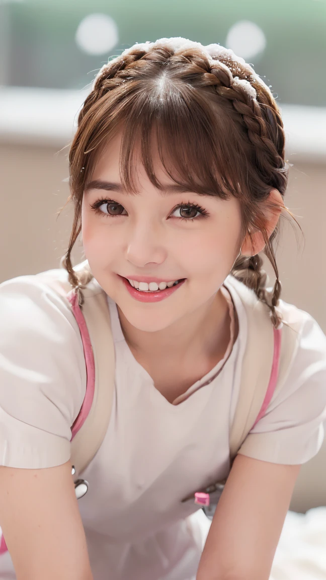 (Brown Hair:1.4),(Brown eyes:1.4),((Braided Short Hair:1.3)),((With bangs)),((Valentine:1.4)),(blush),((Open mouth and smiling sweetly:1.2)),((pop, A colorful and cute world:1.3)),(soft taste:1.6),((fashion//Snow White Nurse Costume、Glossy feel:1.25)),(Cute pose:1.3),(i like you very much♡:1.6),((Hunchback:1.3)),((tits:1.1)),(Face close-up:1.2)、Wiping the body in nursing care