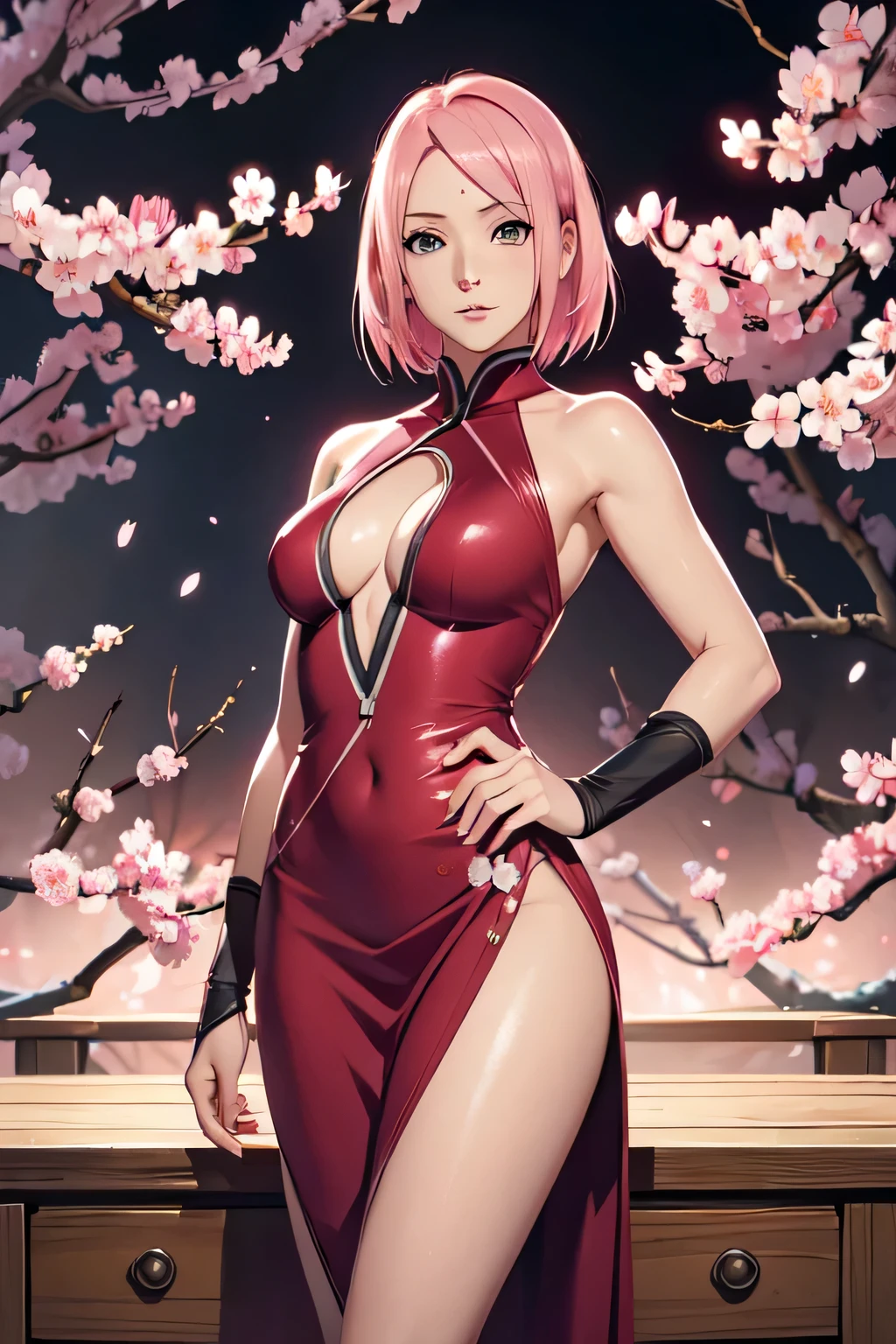 Sakura Haruno, exposed leg dress, mature body, beautiful face, sensual pose, large buttocks, illustration, high-resolution, ultra-detailed, realistic, vibrant colors, soft lighting, cherry blossom theme