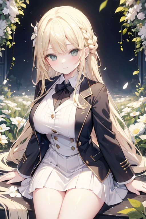 young girl, blonde hair, green eyes,beautiful and detailed eyes, big breasts, long hair,european braid hairstyles, happy smile, black shirt,white blazer, black mini skirt, (flower garden)