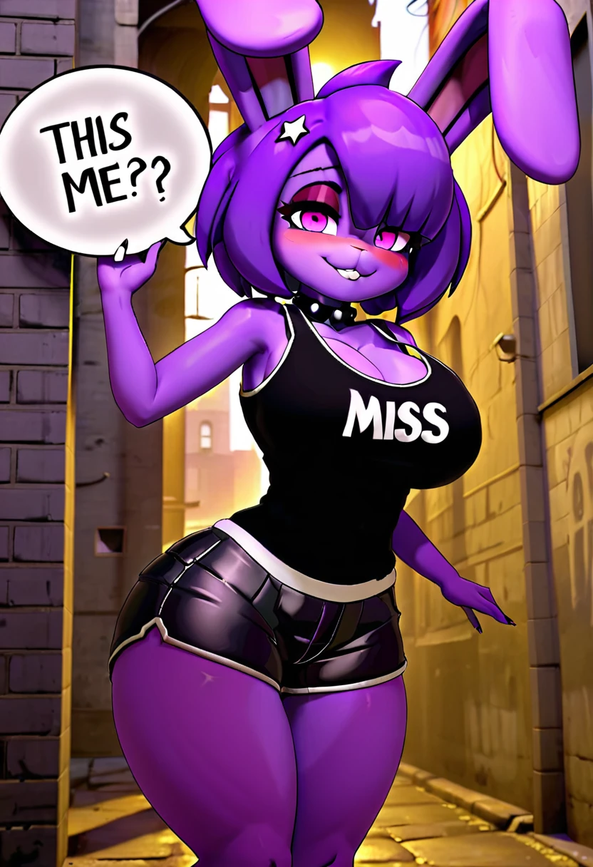 (best quality, masterpiece1.2), 1girl, solo, antro, cally3d, punk girl, goth, in a alleyway, bonfie, purple body, purple hair, bunny ears, pink eyes, black eyeliner, (large speech bubble that says "Miss me?":1.4), facing forward, sexy tank top, risky shorts, blush, woman, sexy, detailed, extreme detail, perfect lighting, 4k, arms down, surreal elements, intricate details, (mature woman), tall, slim waist, cleavage, collar, dark shadows, haunting beauty, alluring gaze, gothic style, surreal elements, magical aura, dark purple hair,