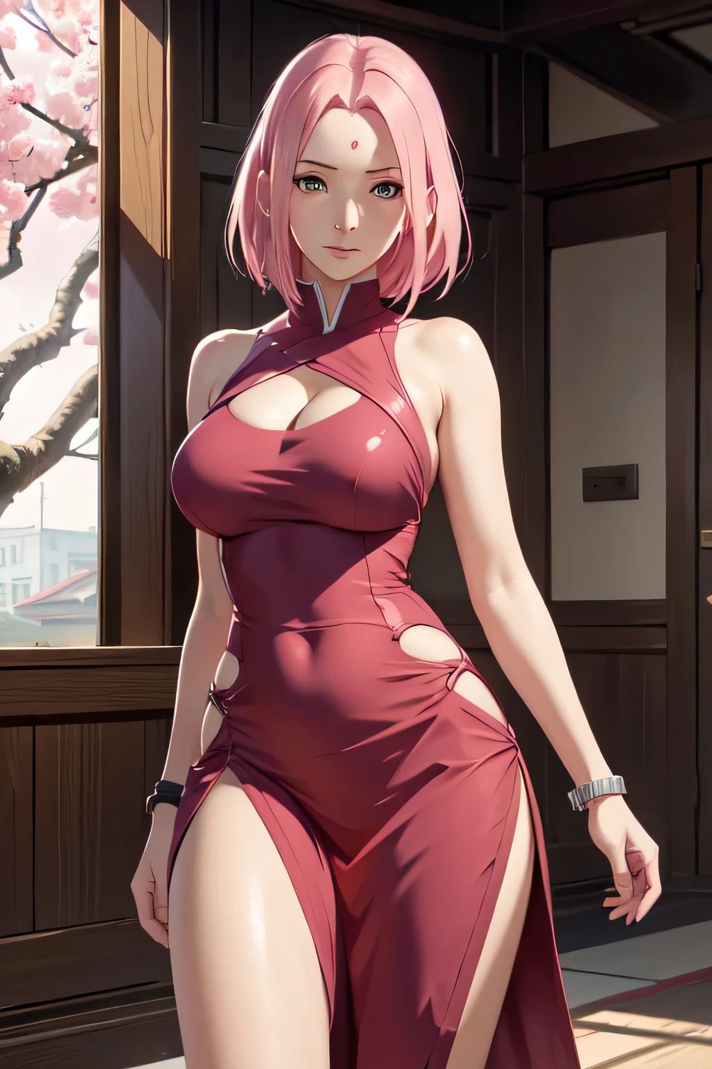 Sakura Haruno, exposed leg dress, mature body, beautiful face, sensual pose, large buttocks, illustration, high-resolution, ultra-detailed, realistic, vibrant colors, soft lighting, cherry blossom theme
