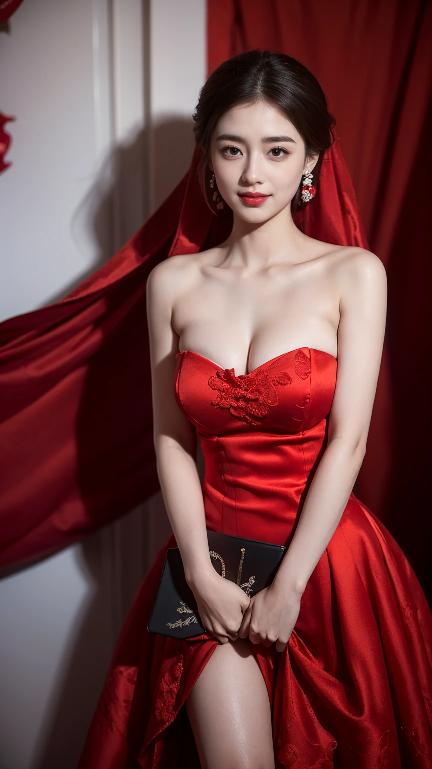 (Hyper-realistic 8K CG: 1.2), Perfect work of art, Beautiful Pattern, Intricate details, (An unparalleled masterpiece, best quality: 1.2), 1 girl，20 years old，(Extremely complex: 1.2),Woman in red wedding dress, Walk on stage，((Big tits:1.2 )), chiffon，Tight Fit，Lace，(Low-cut，Deep V), (girl站在婚礼舞台上: 1.3）,, Smile, happy, 黑色的hair, Looking forward, , Thin clothes, ((Strapless red wedding dress:1.4)),(Large Breasts),D cup ，earrings, hair_decorate,Jewelry, girl，Thin silk，