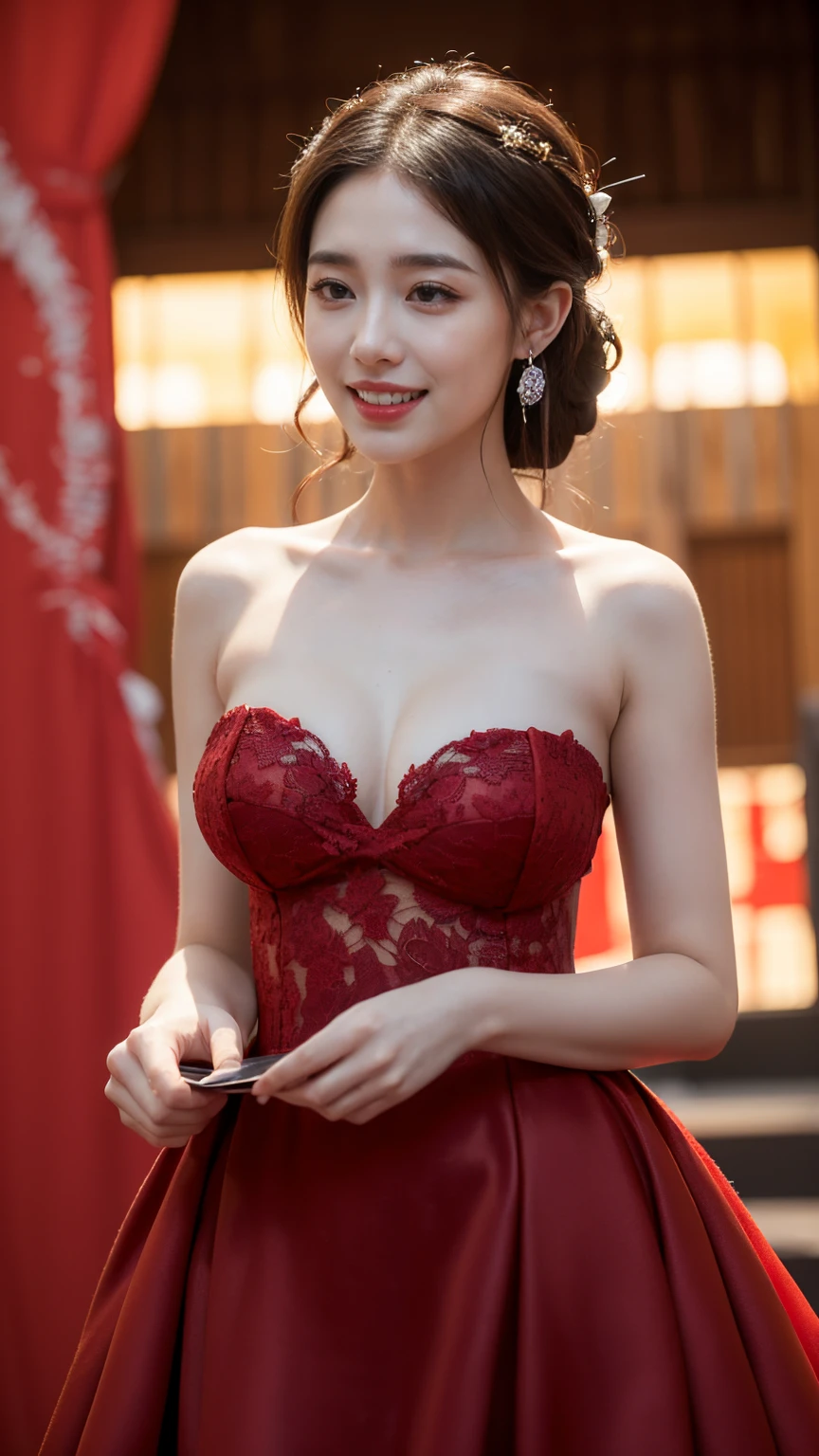 (Hyper-realistic 8K CG: 1.2), Perfect work of art, Beautiful Pattern, Intricate details, (An unparalleled masterpiece, best quality: 1.2), 1 girl，20 years old，(Extremely complex: 1.2),Woman in red wedding dress, Walk on stage，((Big tits:1.2 )), chiffon，Tight Fit，Lace，(Low-cut，Deep V), (girl站在婚礼舞台上: 1.3）,, Smile, happy, 黑色的hair, Looking forward, , Thin clothes, ((Strapless red wedding dress:1.4)),(Large Breasts),D cup ，earrings, hair_decorate,Jewelry, girl，Thin silk，