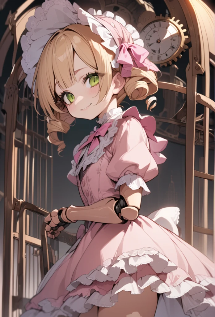 Blonde hair,ringlet,emerald green eyes,long eyelashes,light pink victorian dress,puffy short sleeves,frilled dress,frilly wide brimmed Bonnet with bows,fringe bangs,cowboy shot,masterpiece,highress,soft smile,bishoujo,peterpan collar,sideview,solo,(pink clothes),ball joins,doll joints,clockwork, cage skirt,crinoline,torn dress,tattered dress,