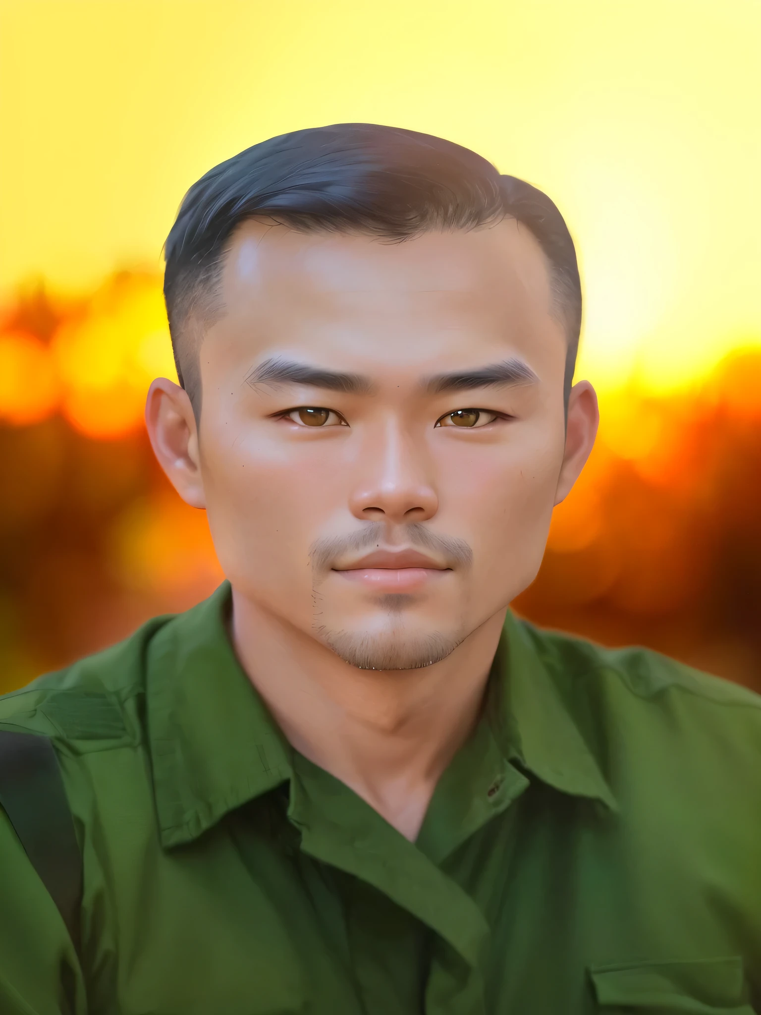 RAW photo of a 30 year old man, wearing a green Vietnamese army shirt, Asian, short black hair, real face, real skin, (photorealistic:1.4), (high detail soft skin:1.2 ), 8k uhd, dslr, soft light, high quality, grain film, Fujifilm XT