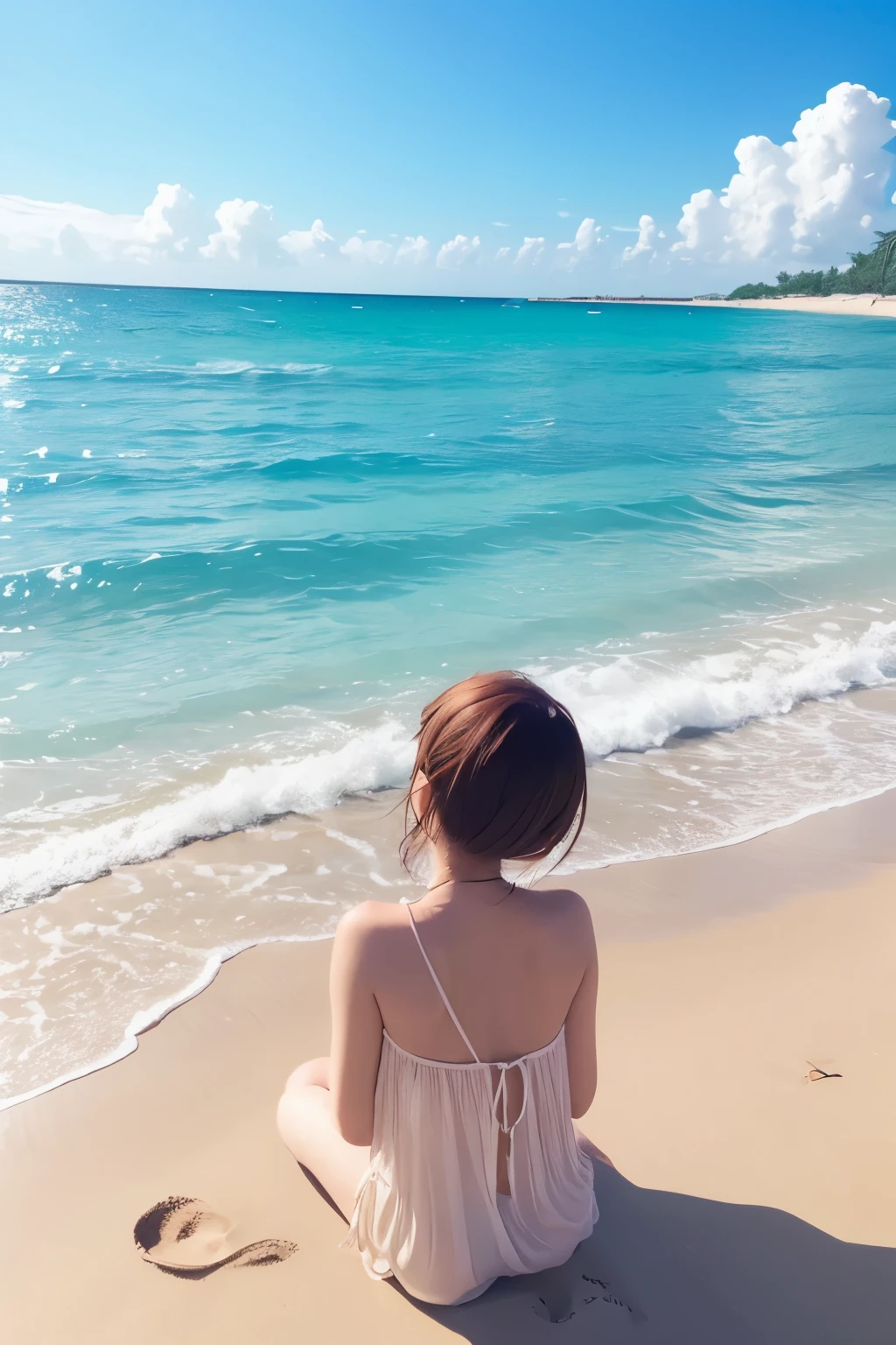 beautiful sea Sandy Beach Summer sky Anime Style