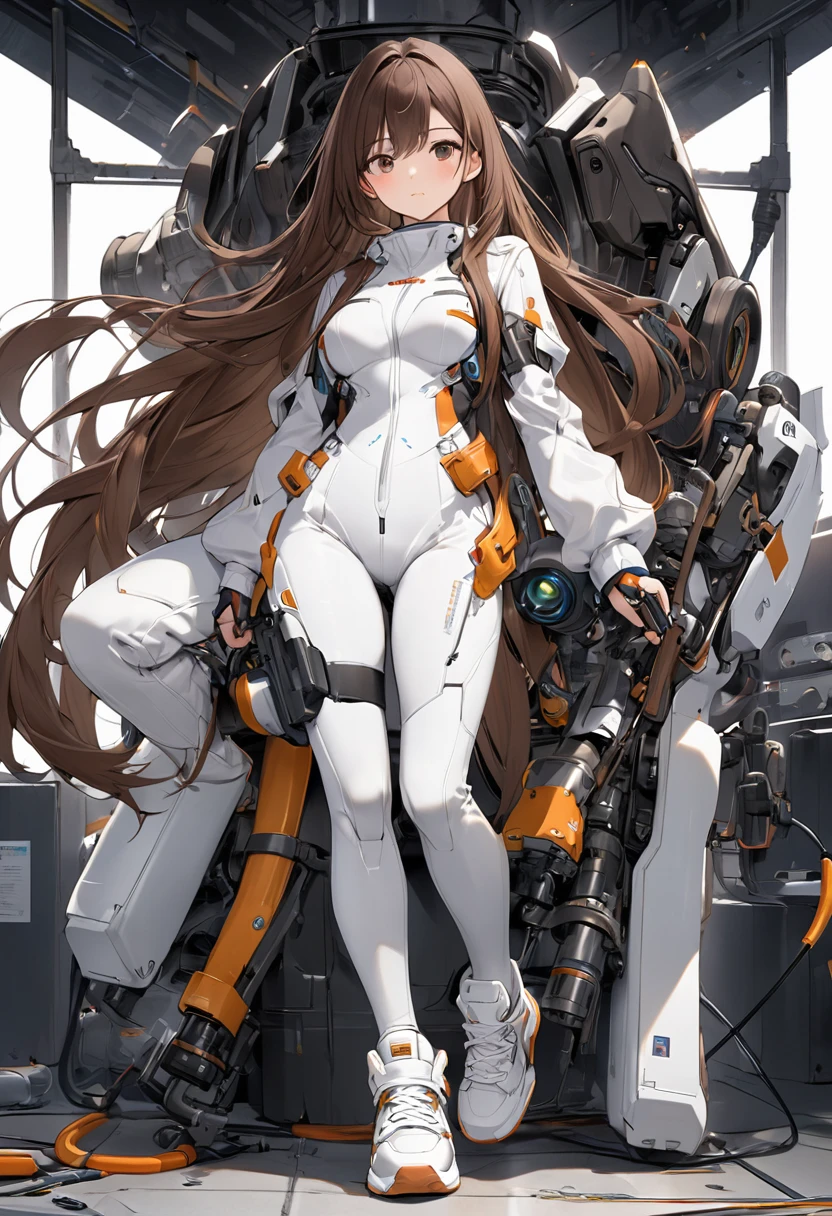 Very detailed、whole body、Brown hair semi-long hair、Wear a white jumpsuit、Wear white sneakers、Repair the powered suit、I&#39;m in the garage、woman