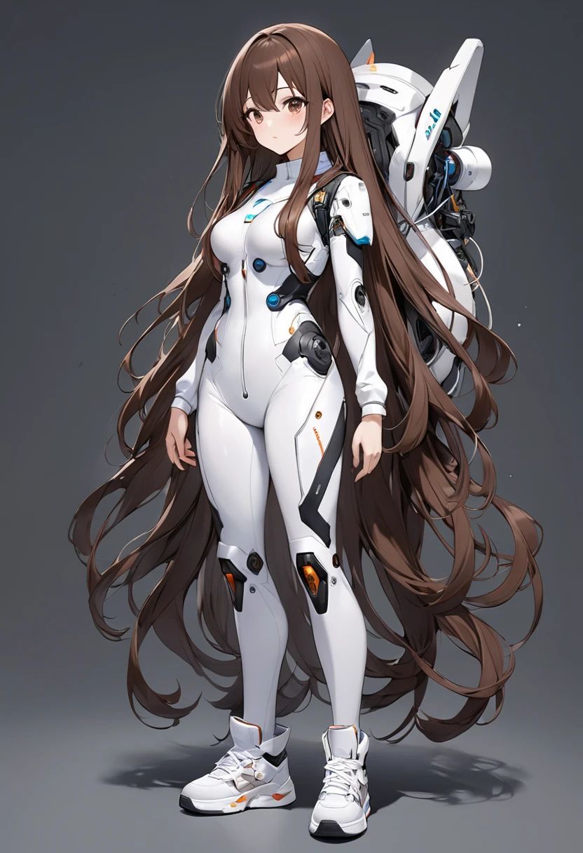 Very detailed、whole body、Brown hair semi-long hair、Wear a white jumpsuit、Wear white sneakers、Repair the powered suit、I&#39;m in the garage、woman