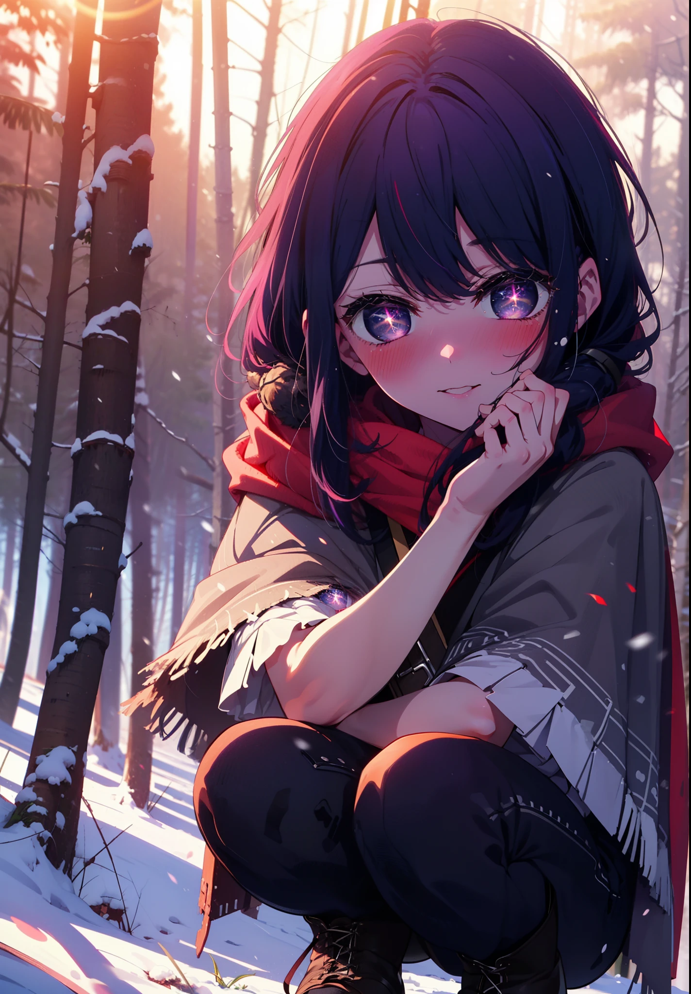aihoshino, Ai Hoshino, Long Hair, bangs, (Purple eyes:1.1), Purple Hair, (Symbol-shaped pupil:1.5), smile,,smile,blush,white breath,
Open your mouth,snow,Ground bonfire, Outdoor, boots, snowing, From the side, wood, suitcase, Cape, Blurred, , forest, White handbag, nature, Squat, Mouth closed, Cape, winter, Written boundary depth, Black shoes, red Cape break looking at viewer, Upper Body, whole body, break Outdoor, forest, nature, break (masterpiece:1.2), Highest quality, High resolution, unity 8k wallpaper, (shape:0.8), (Beautiful and beautiful eyes:1.6), Highly detailed face, Perfect lighting, Extremely detailed CG, (Perfect hands, Perfect Anatomy),